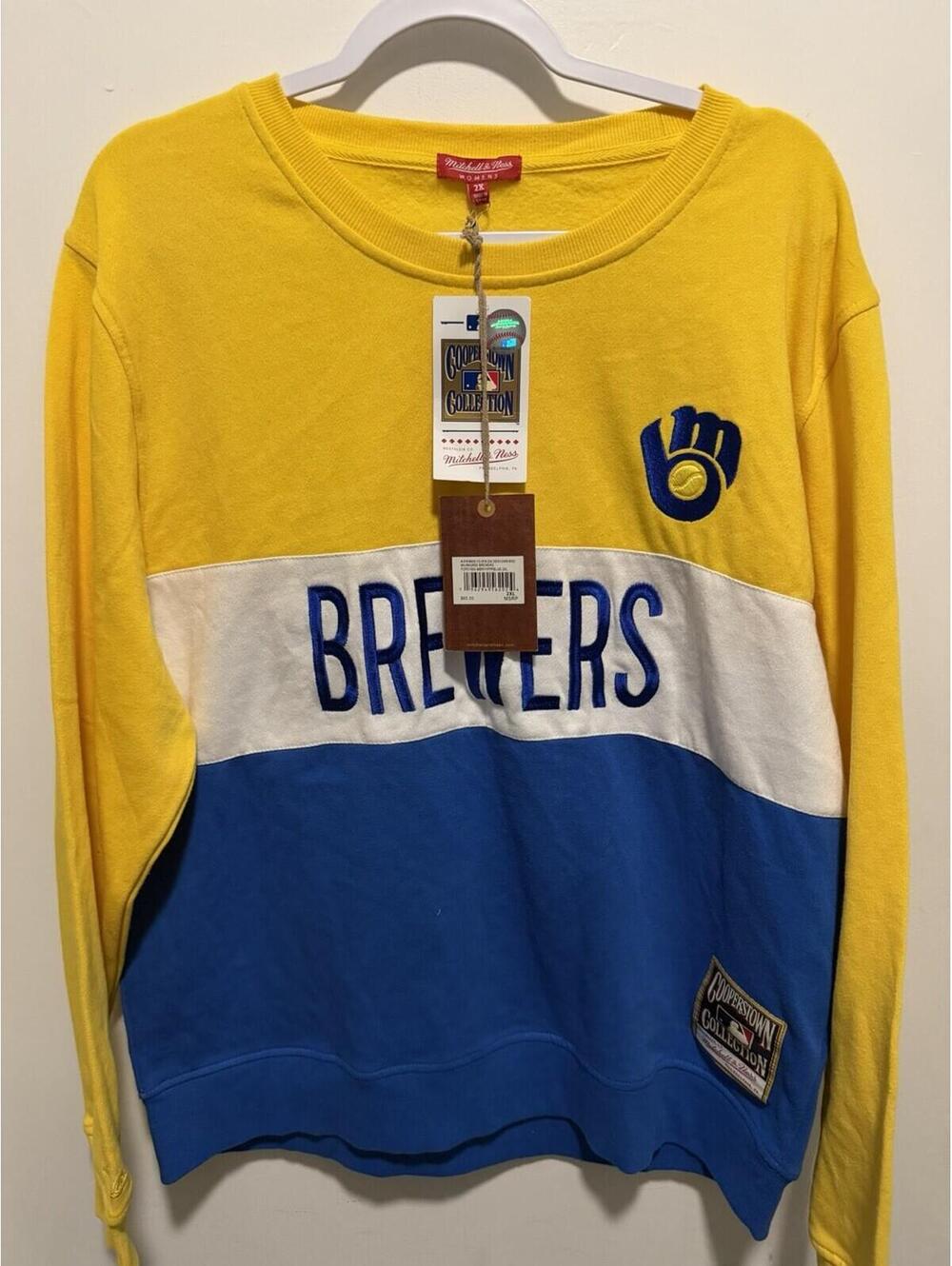 New Mitchell & Ness MLB Womens Milwaukee Brewers Color Block Sweatshirt. 2XL